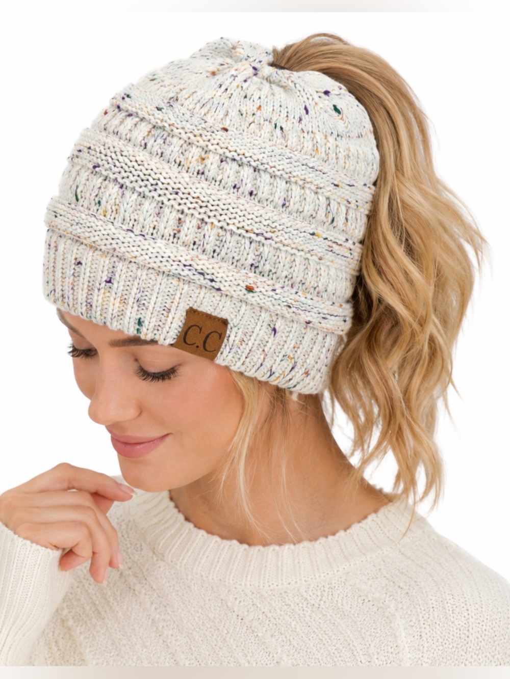 CC Ponytail Beanie Cozy Chunky Cable Knit Messy Bun Hat Confetti Apres Ski Lodge